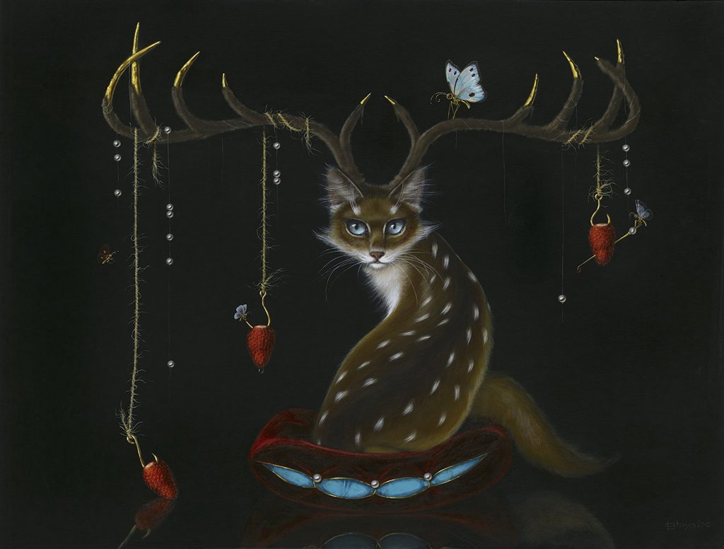 mountainslee, acrylic on board painting of a magical cat with deer antlers