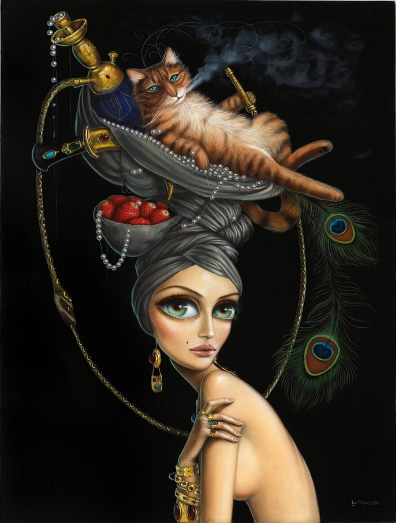 pearls-of-innocence-acrylic-painting-of-a-girl-with-big-eyes-and-a-cat-on-her-head-smoking-shisha