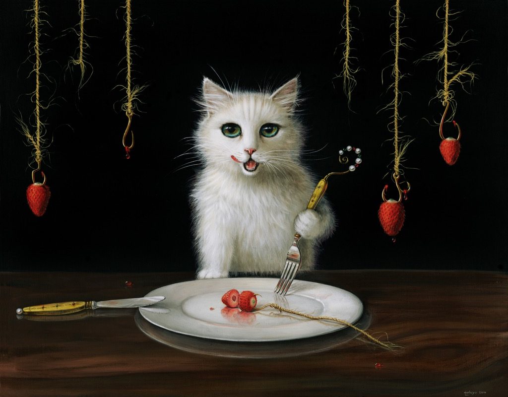 The+Butcher+painting+on+board+of+cat+sitting+at+the+table+eating+with+knife+fork